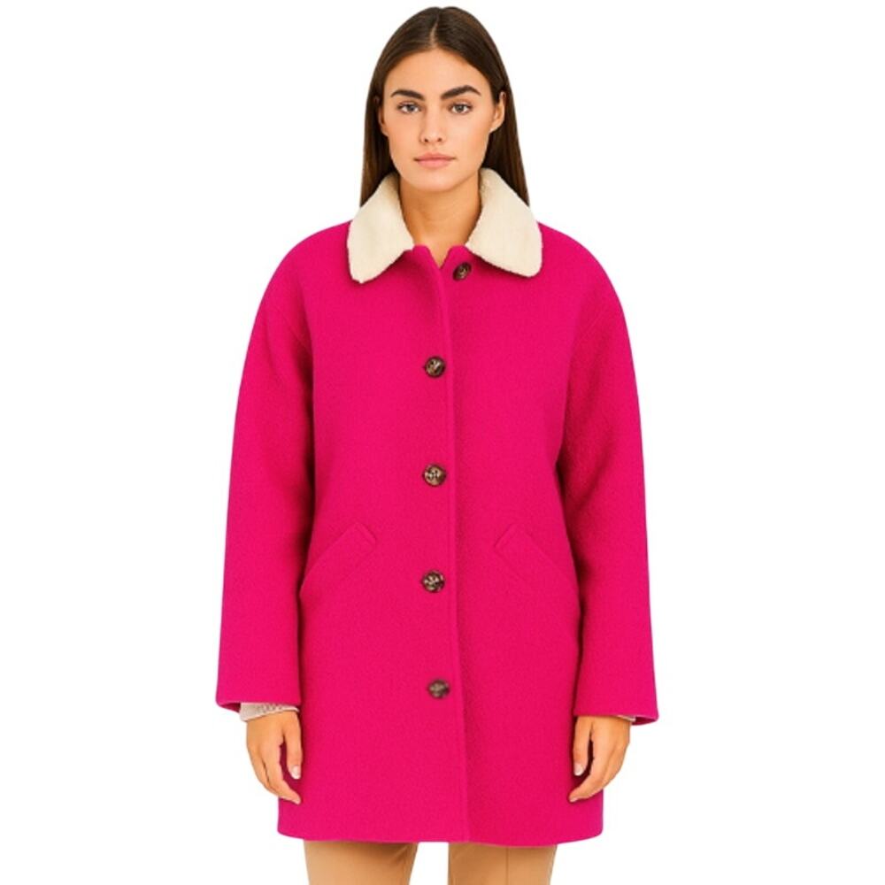 Isaac Mizrahi Boucle Coat Faux Fur Collar in Hot Pink NEW Size Large